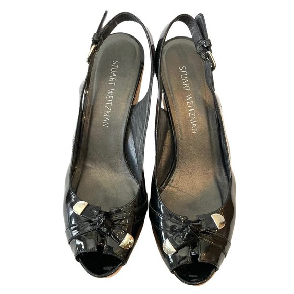 Stuart Weitzman Patent Leather Cork Wedge Bodajean Bow Slingback Heel Open Toe S - Picture 3 of 13